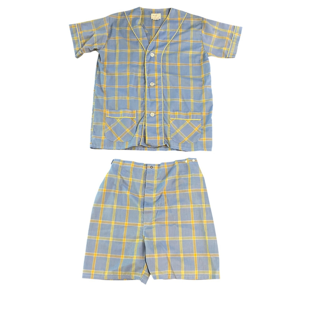 Vintage Designer Original by Pleetway Blue Plaid Pajamas S/S Shirt & Shorts